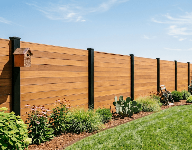 Wooden fence with plants and grass yard in front