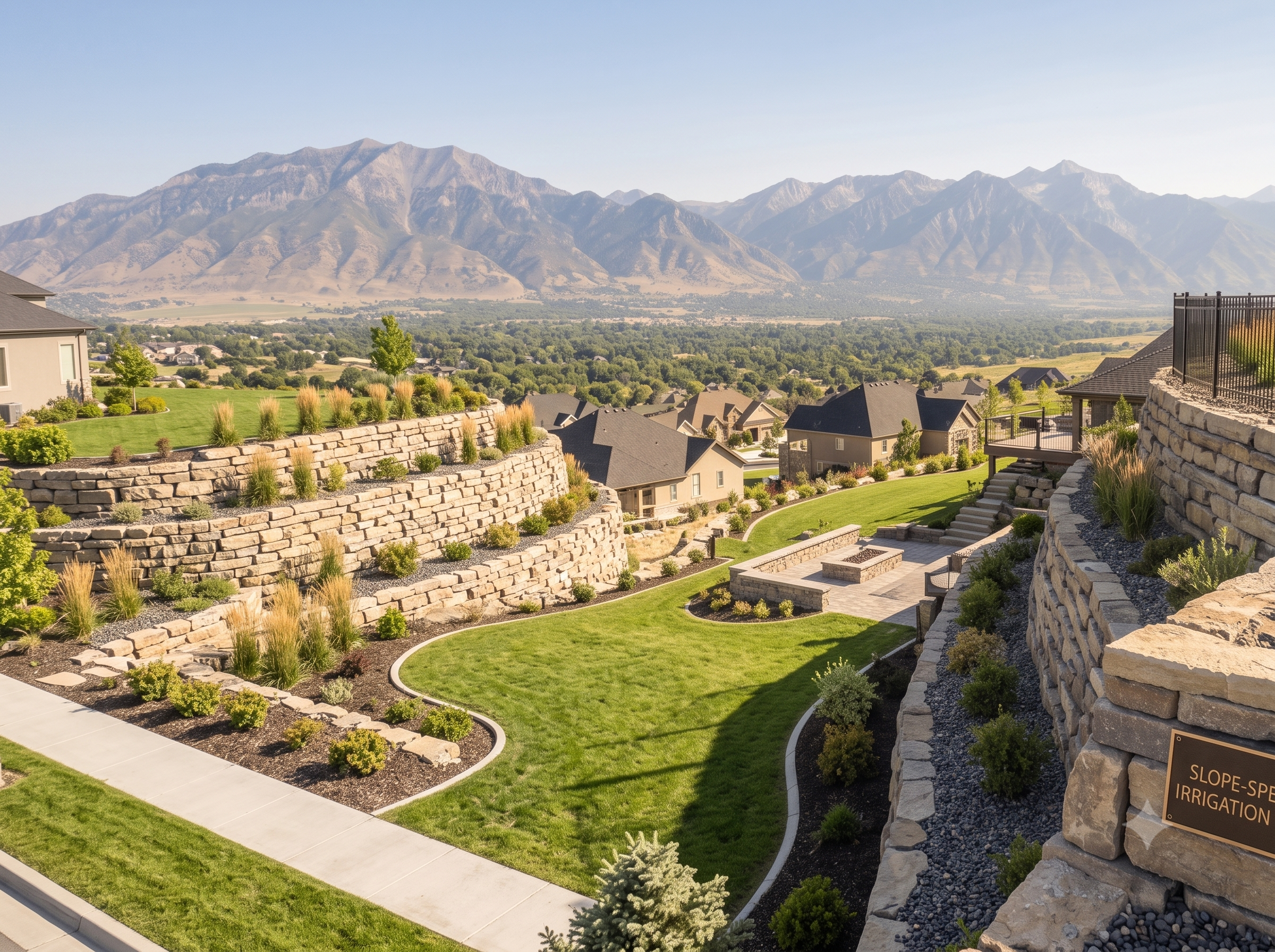 Terraced stone retaining walls and hillside residential landscaping in Elk Ridge Utah