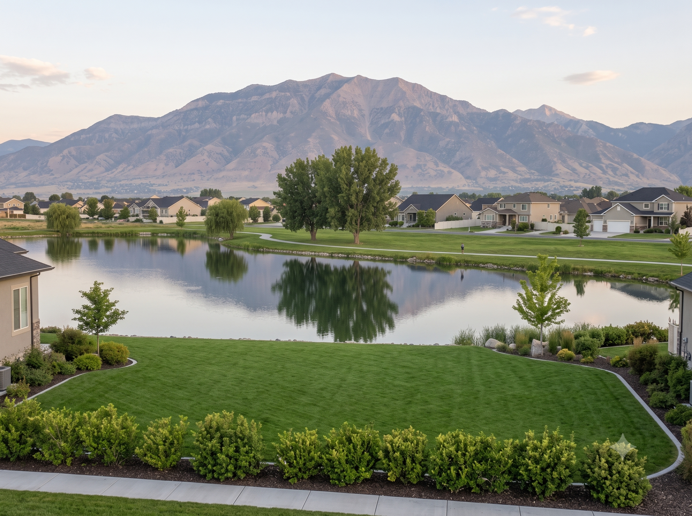 Manicured residential neighborhood in Salem Utah with lawn and mountain reflection in pond