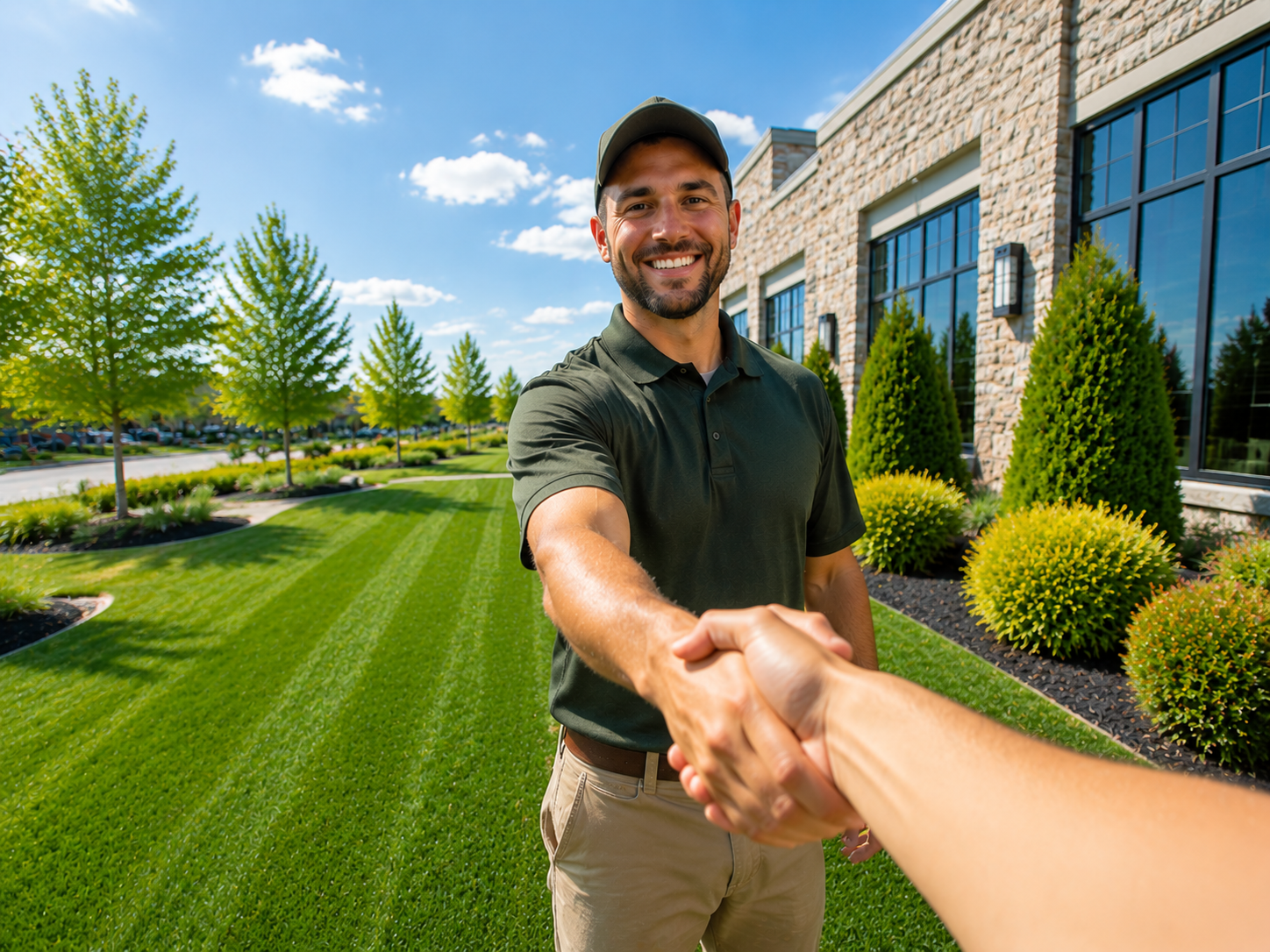 A professional landscaper offering a handshake on a pristine lawn, representing transparent quotes and reliable service.