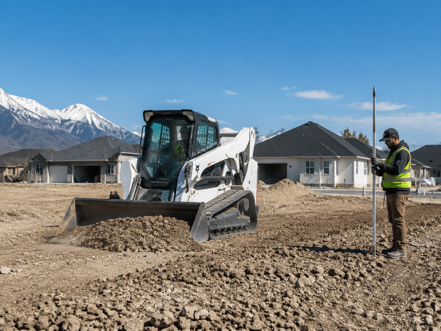 MD Property Services heavy machinery grading and preparing soil for a new construction landscape in Salem Utah.