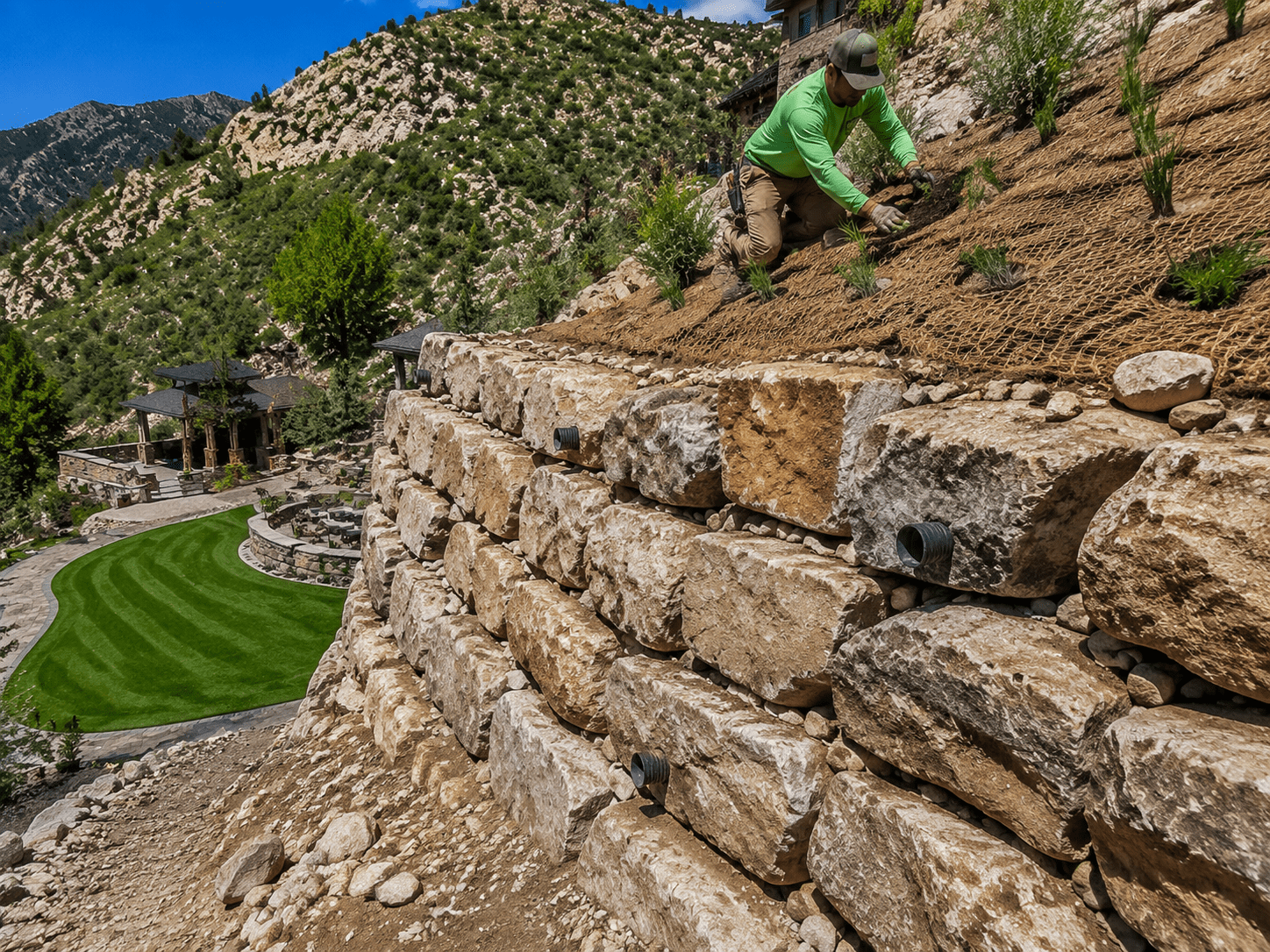 Engineered stone boulder retaining wall installation with integrated drainage on a steep hillside in Elk Ridge, UT.
