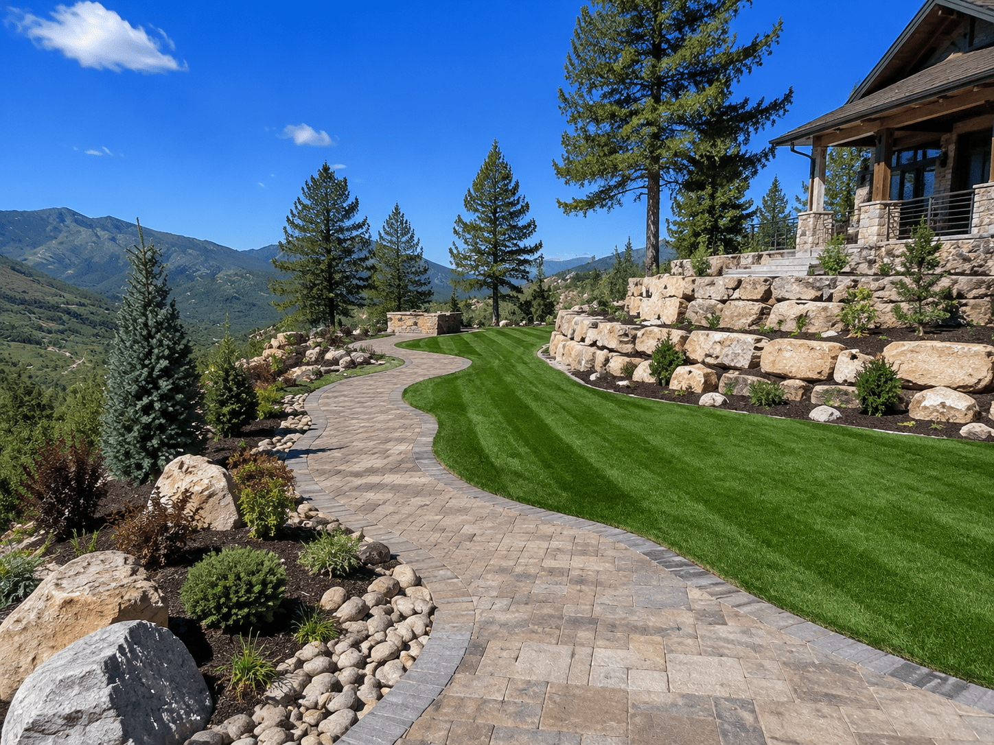 Manicured residential lawn maintenance, with stone pavers on Elk Ridge Utah estate 