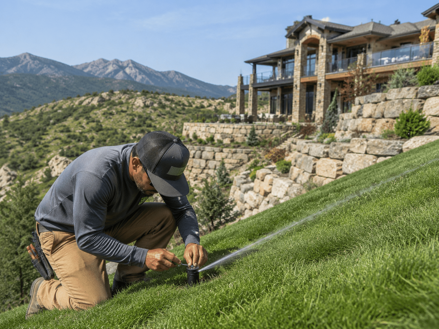 An irrigation technician adjusts a wind-resistant, low-trajectory sprinkler head on a steep mountain bench slope in Elk Ridge, Utah.