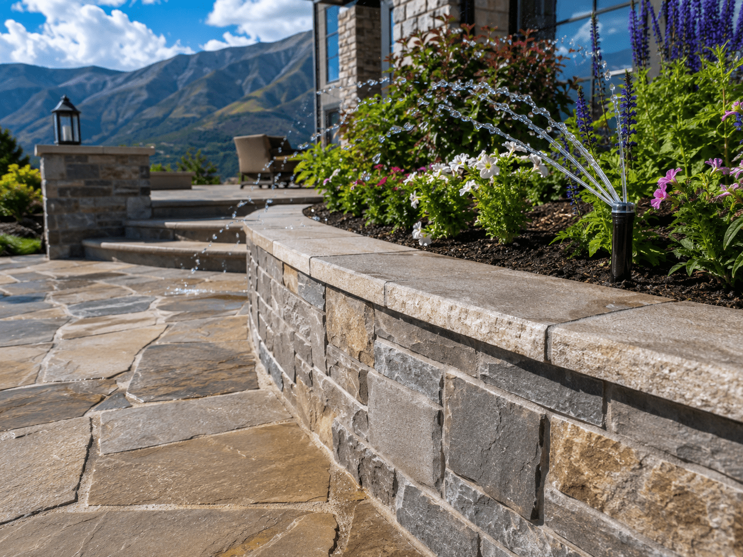 Engineered stone retaining wall on patio, with smart irrigation system in South County Utah.