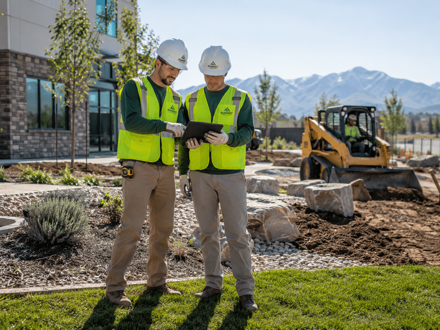 Uniformed landscaping crew managing heavy excavation equipment on a Santaquin job site.