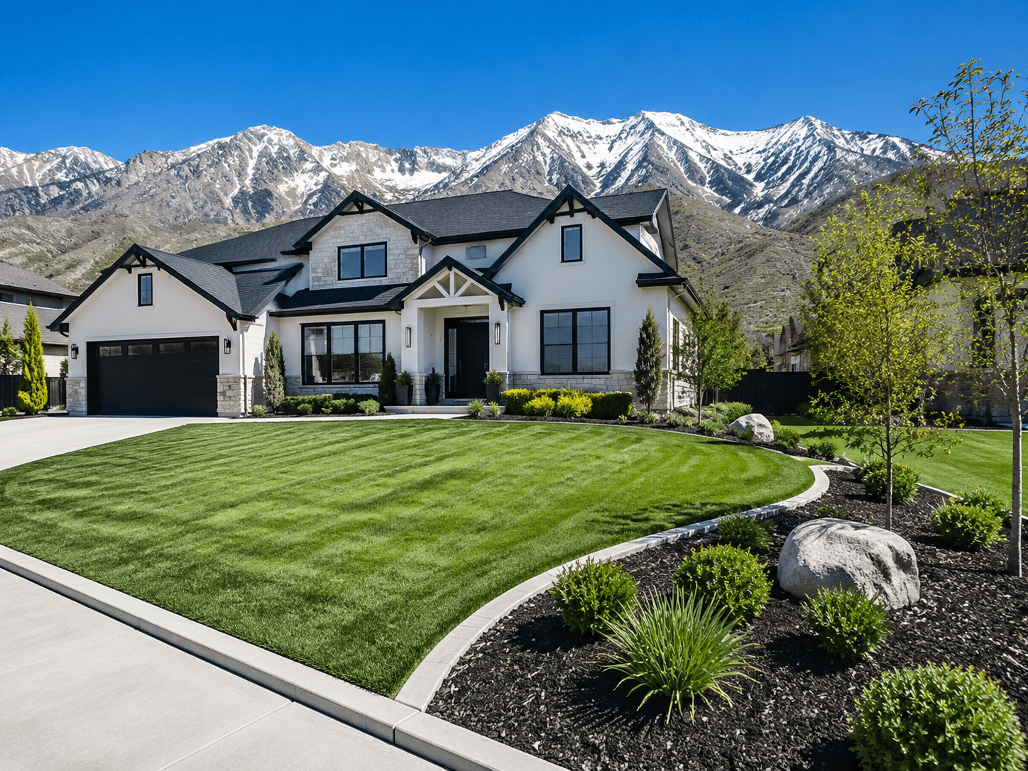 Modern suburban home in Salem Utah featuring manicured front lawn with snowcapped mountains in the background.